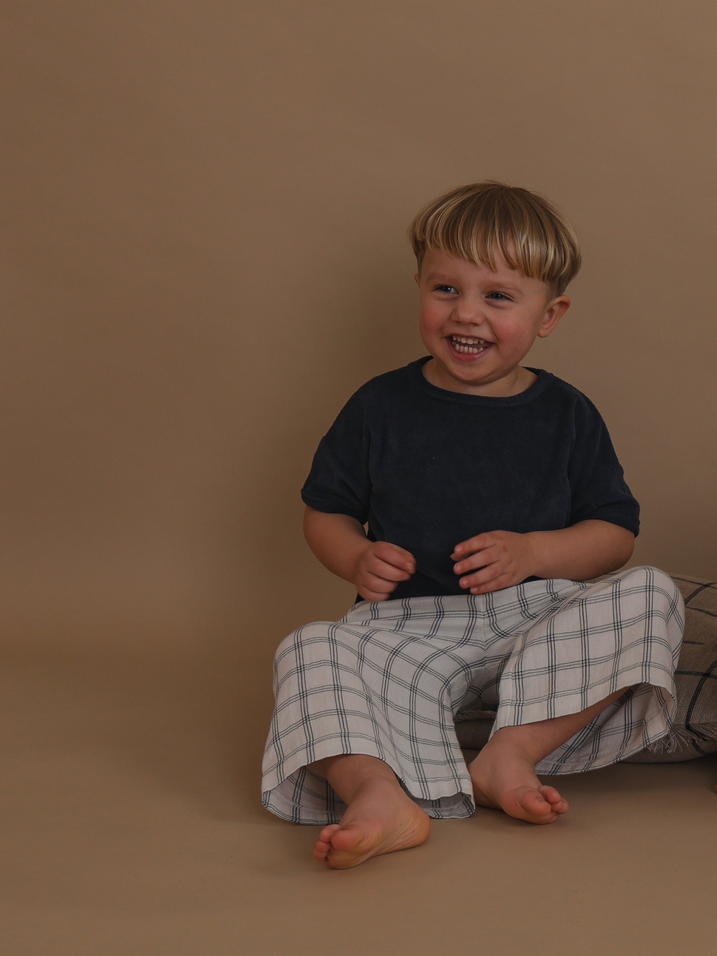 Navy Window Check Wide Leg Pants