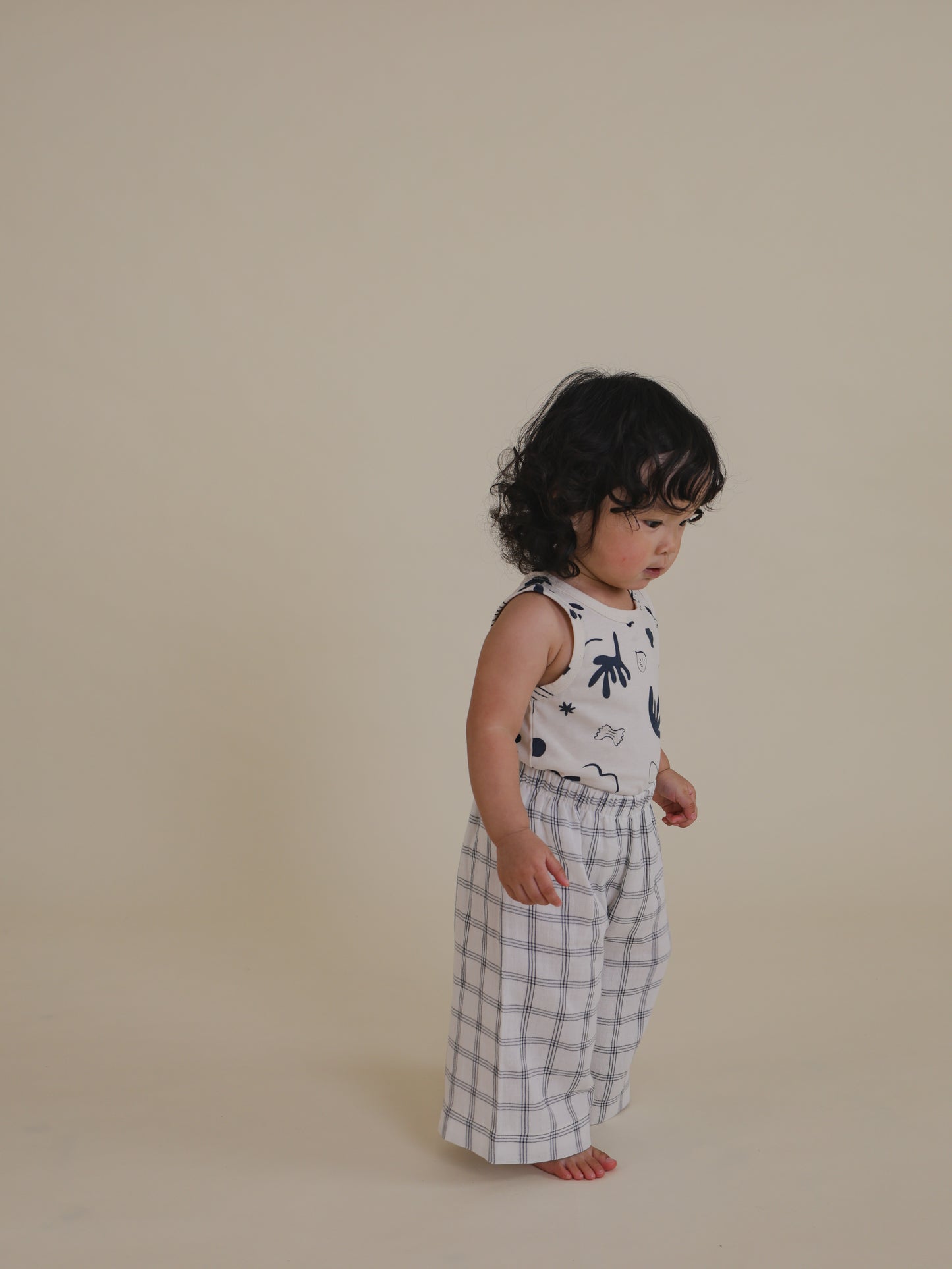 Navy Window Check Wide Leg Pants