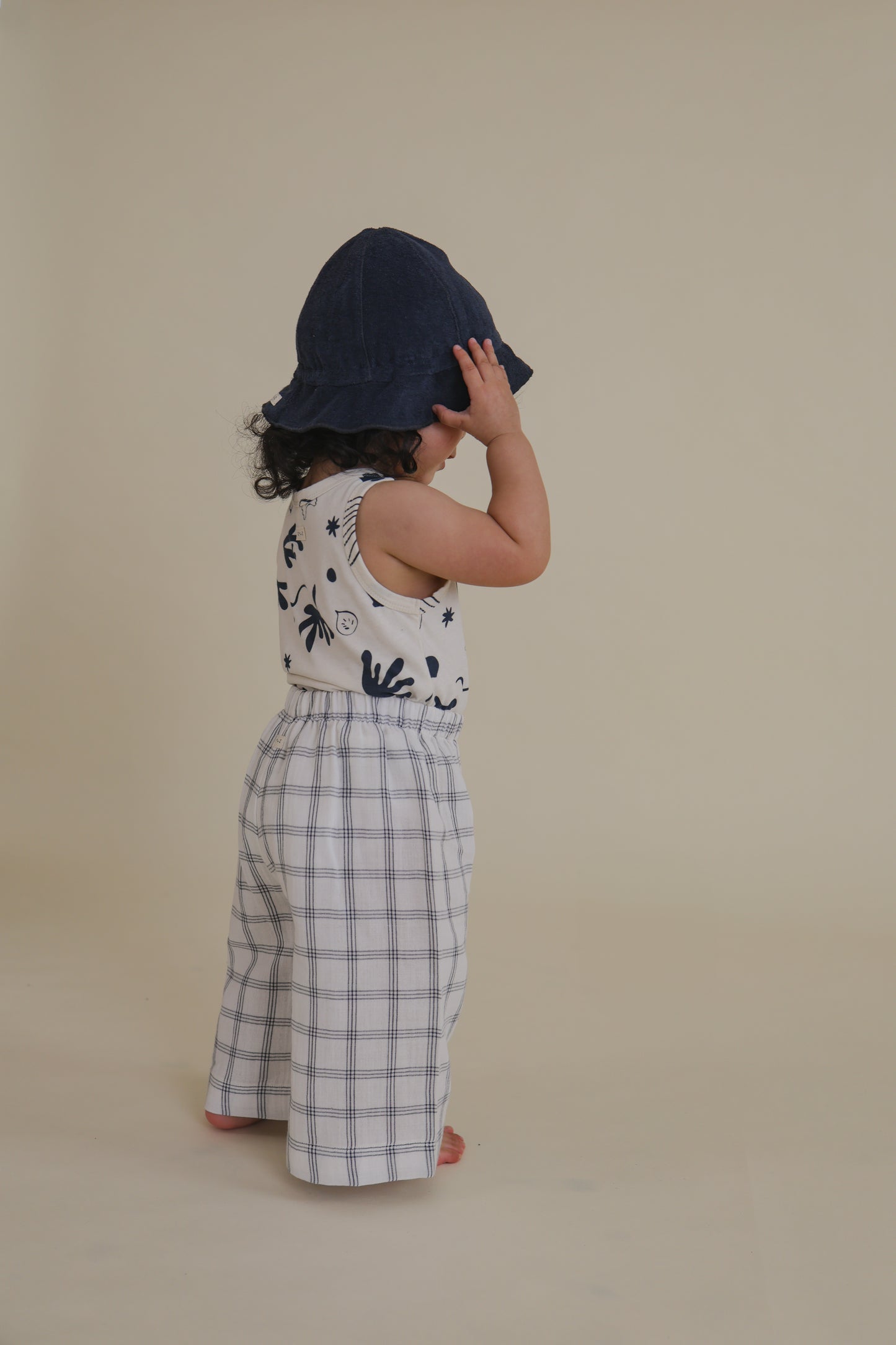 Navy Window Check Wide Leg Pants