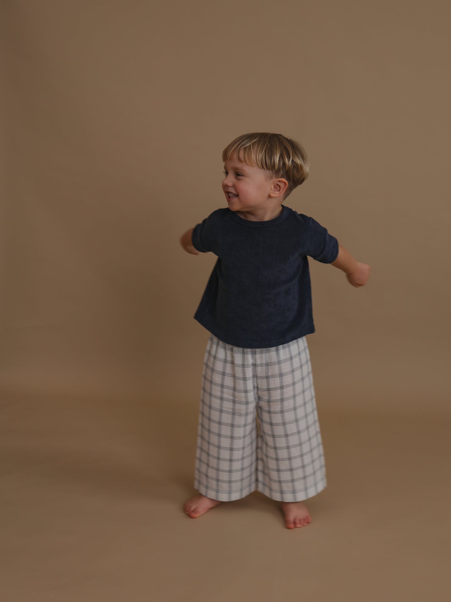 Navy Window Check Wide Leg Pants