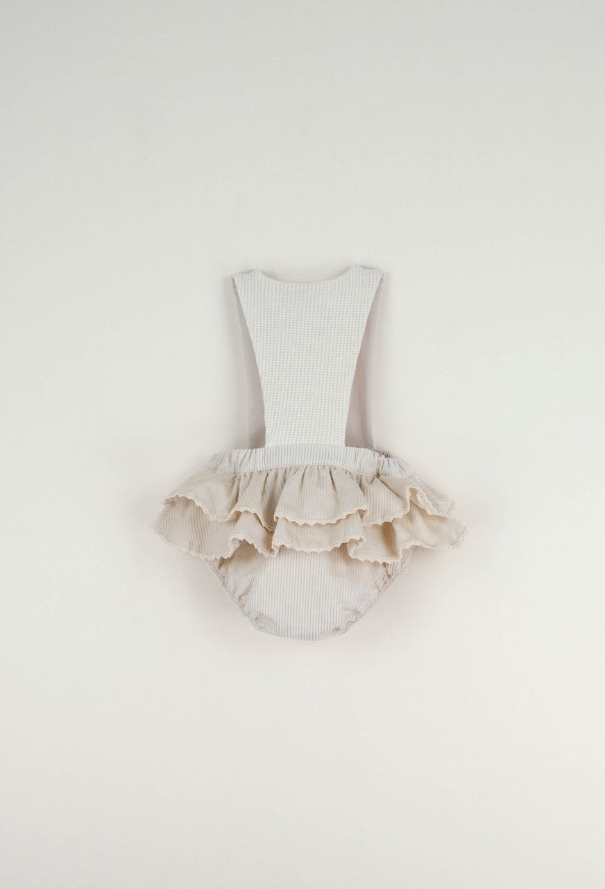 Popelin - Off-white frilled romper suit with bib
