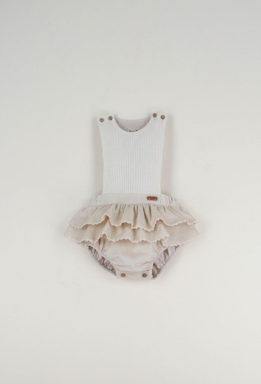 Popelin - Off-white frilled romper suit with bib
