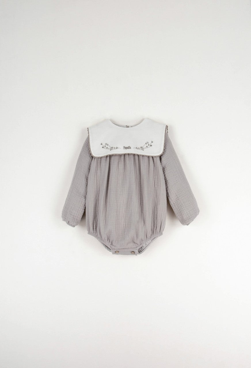 【LAST ONE】Popelin - Taupe embroidered romper suit with yoke inorganic fabric