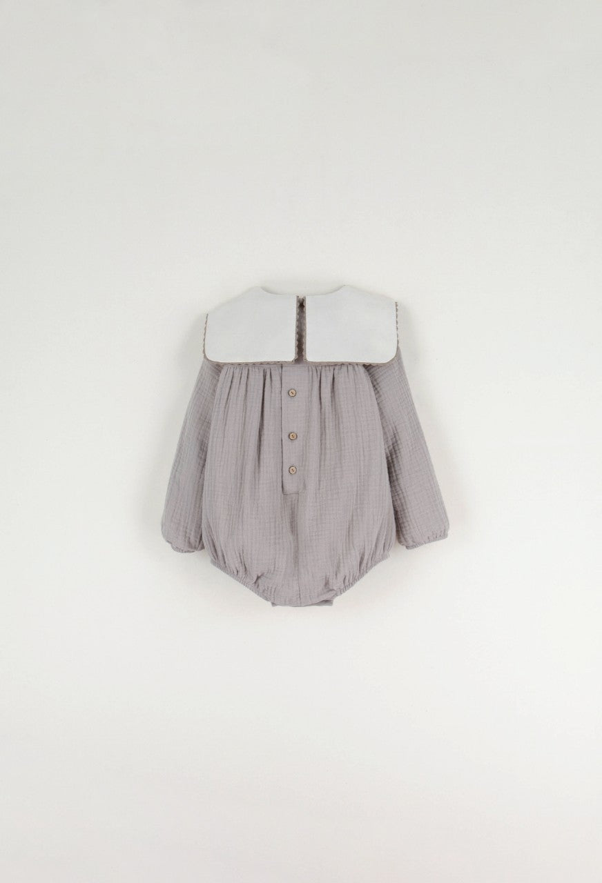 【LAST ONE】Popelin - Taupe embroidered romper suit with yoke inorganic fabric