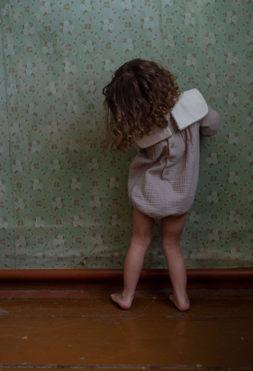 【LAST ONE】Popelin - Taupe embroidered romper suit with yoke inorganic fabric