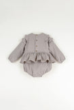 【LAST ONE】Popelin - Taupe organic fabric embroidered romper suitwith pintucks